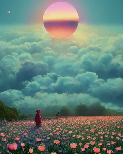 Image similar to white capybara looking at the sun in a flower field, surreal photography, sunrise dramatic light, impressionist painting, colorful clouds, digital painting, artstation, kilian eng, john harris, bastien lecouffe - deharme, simon stalenhag, flower face