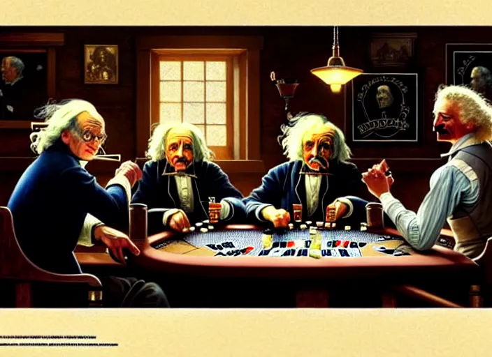 Image similar to isaac newton and stephen hawkins and albert einstein playing poker in an old west saloon, intricate, highly detailed, centered, digital painting, artstation, concept art, smooth, sharp focus, illustration, art by james gurney and norman rockwell and greg rutkowski