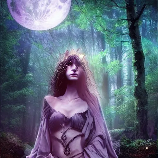 Image similar to mystical Druid woman under a full moon, nature, ambient lighting, art station, beautiful,