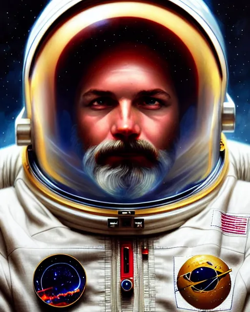 Image similar to portrait of zeus as an astronaut, intricate, highly detailed, digital painting, artstation, concept art, smooth, sharp focus, illustration, art by artgerm and greg rutkowski and alphonse mucha