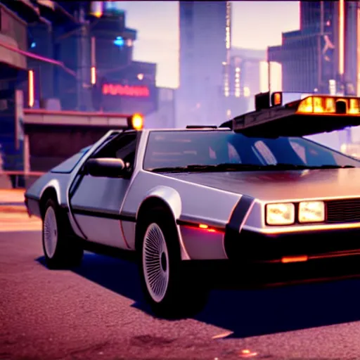 Image similar to flying dmc 1 2 delorean in cyberpunk 2 0 7 7