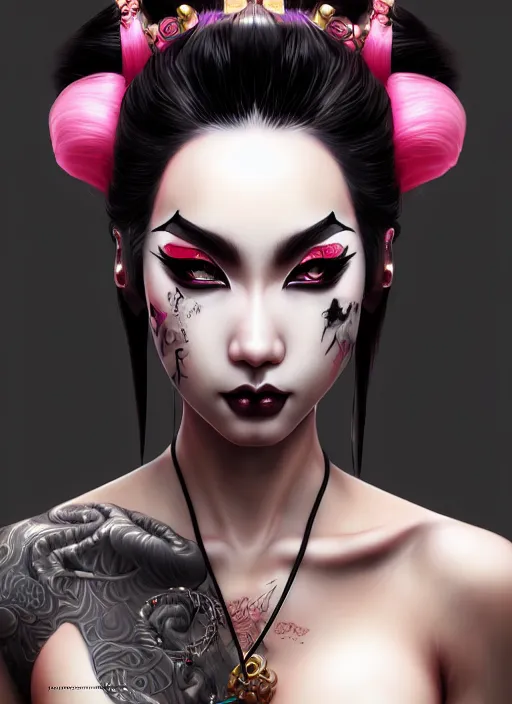 Image similar to soft lustrous ebony geisha seductive raver yakuza gothic gutter punk, highly detailed, digital painting, octane render, artstation, concept art, smooth, sharp focus, illustration, art by artgerm, loish, wlop