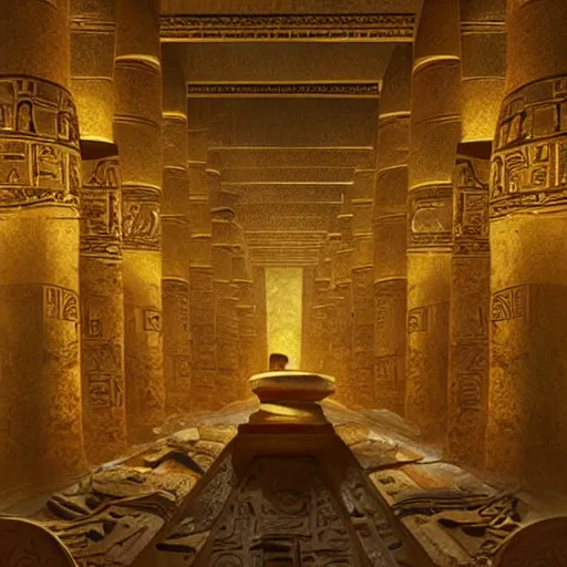 Image similar to an ancient undiscovered egyptian treasure room entirely made of shiny gold, full of ingots and gems and precious, concept art, architecture design, pyramids style, art by charlie bowater