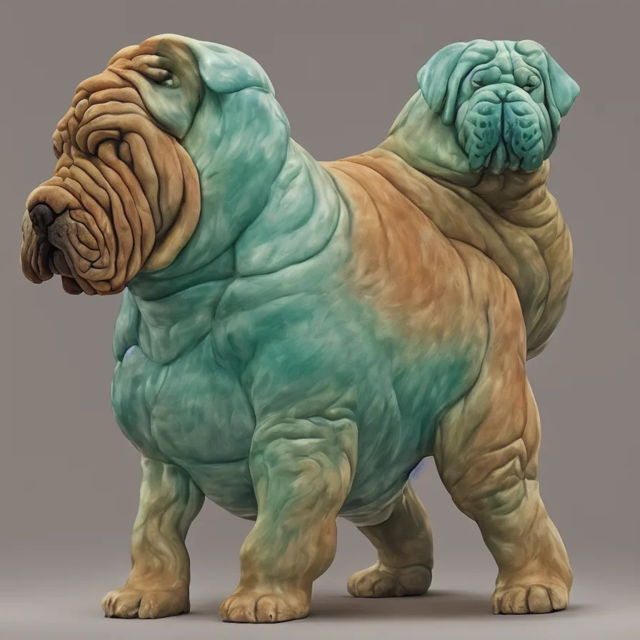 Prompt: beautiful gallery show studio photograph of a giant realistic rounded ceramic sculpture of a shar pei dog, fractal 3 d structure, celadon glaze, placed on a polished wooden table, colorful hyperrealism 8 k trending on artstation