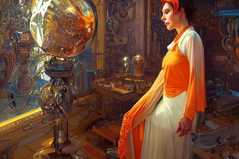 Image similar to portrait of tinfoil hat man in orange t - shirt behind his wife, feelings, romantic, fantasy, intricate, elegant, highly detailed, digital painting, artstation, concept art, smooth, sharp focus, illustration, art by artgerm and greg rutkowski and alphonse mucha