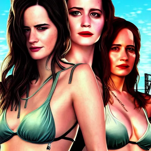 Image similar to highly detailed painting of eva green, emma watson and jennifer lawrence wearing a bikini standing close together, gta 5 cover art style, 8 k, radiant light, detailed and intricate environment, trending on artstation