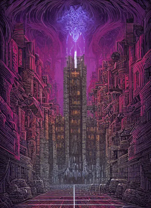 Prompt: a dark fractal fortress by dan mumford