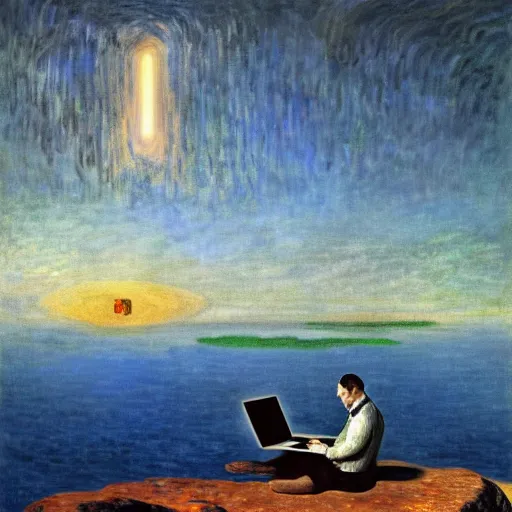 Image similar to A man climbs a cliff while coding A.I. on a laptop - award-winning digital artwork by Dali and Monet. Stunning lighting