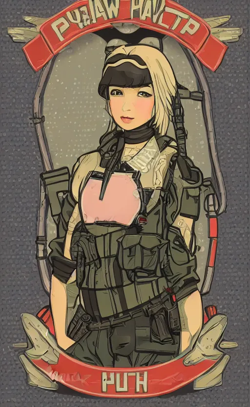 Image similar to patch design, girl, kuvshinov ilya, concept art, trading card front, soldier clothing, military gear, vector line art