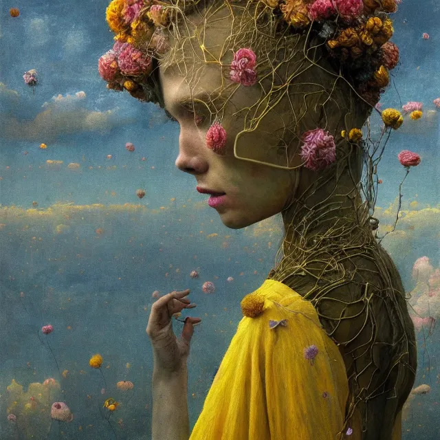 Image similar to A portrait of a woman wearing clothes made out of thunder clouds and flowers, hundreds of people floating still in air, apocalypse, yellow skin, Masterpiece, glowing, wires everywhere, by Edgar Maxence and Ross Tran, Zdzisław Beksiński, and Michael Whelan, distant, gustav dore, H.R. Giger, 8k, octane render
