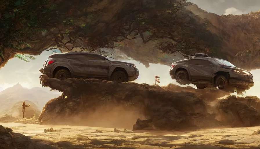 Image similar to an offroad suv designed by apple driving through socotra island, artgerm and greg rutkowski and alphonse mucha, an epic fantasy, volumetric light, detailed, establishing shot, an epic fantasy, trending on art station, octane render, midsommar