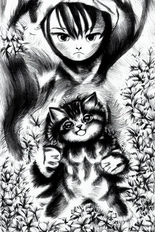 Prompt: Baby Kitten, highly detailed, black and white, manga, art by Kentaro Miura