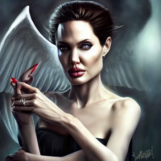 Image similar to Angelina Jolie as Lucifer Morningstar, highly detailed, digital painting, artstation, concept art, smooth, sharp focus, illustration, ArtStation, art by Katsuhiro Otomo and Tom Bagshaw