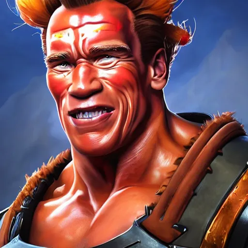 Image similar to a screenshot of arnold schwarzenegger as junkrat in overwatch, portrait, fantasy, beautiful face, vivid colors, elegant, concept art, sharp focus, digital art, hyper - realistic, 4 k, unreal engine, highly detailed, hd, dramatic lighting by brom, trending on artstation