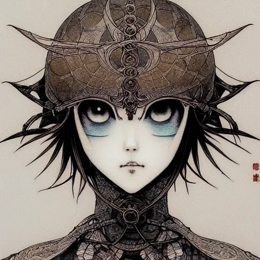 Image similar to prompt: Fragile looking vessel portrait soft light drawn by Takato Yamamoto, inspired by Fables, weapons around the face ancient dark chrome knight armor, magical and alchemical objects on the side, soft light, white background, intricate detail, intricate oil painting detail, sharp high detail, manga and anime 2000
