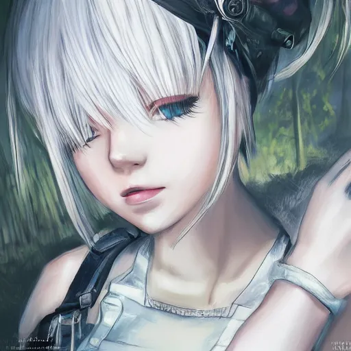 Prompt: beautiful portrait of 2B from nier automata, forest, junkyard, pretty, semi realistic anime, hyper detailed, 8k, DeviantArt, Instagram, Behance, Artstation, trending on artstation, Pixiv, Pixiv daily ranking, art of silverfox, Yee Chong Silverfox, Sydney Hanson, Mickael Lelièvre, Jaeyeon Nam, derevschikova, Elina Karimova