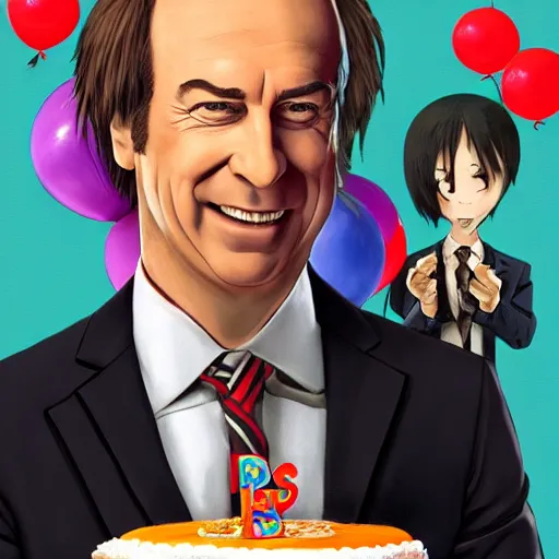 Image similar to saul goodman, smiling, holding a birthday cake, anime art, trending on artstation