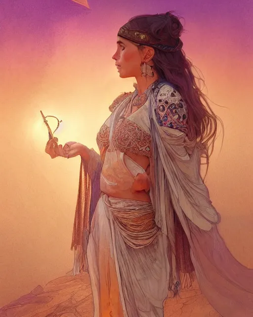 Image similar to bedouin in the desert, highly detailed, gold filigree, romantic storybook fantasy, soft cinematic lighting, award, disney concept art watercolor illustration by mandy jurgens and alphonse mucha and alena aenami, pastel color palette, featured on artstation