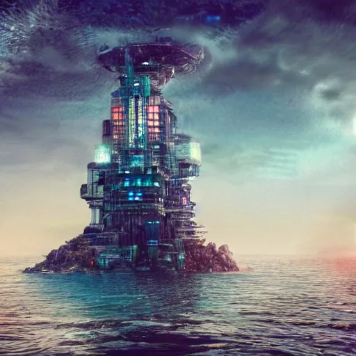 Prompt: a island in the middle of the ocean with a large dystopian cyberpunk tower on it.