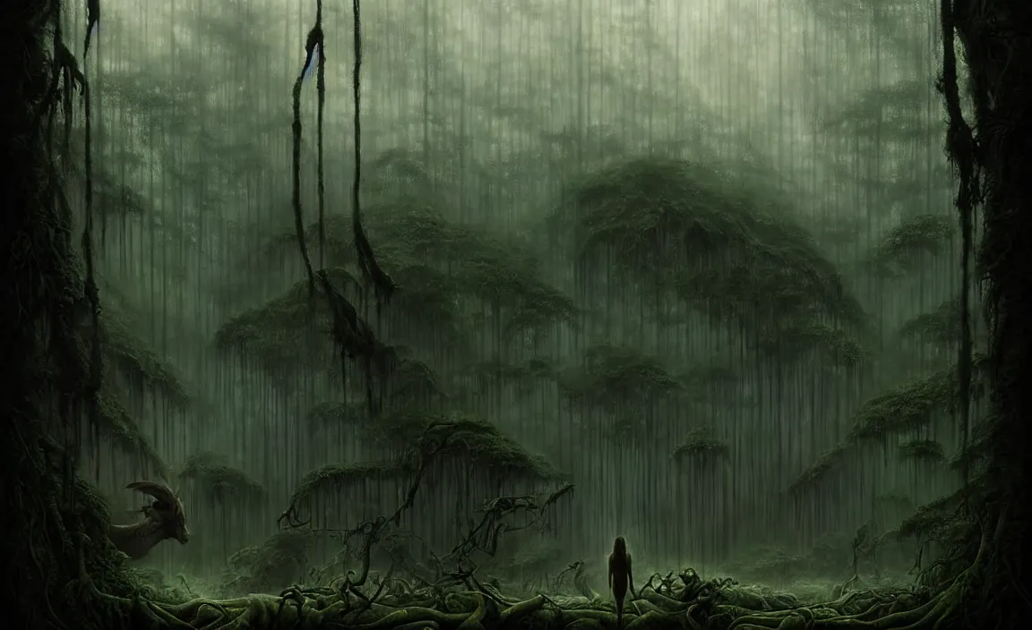 Prompt: epic professional digital art of jungle, faint greenish moody atmospheric lighting, painted, intricate, detailed, detailed, foreboding, by leesha hannigan, wayne haag, reyna rochin, ignacio fernandez rios, mark ryden, iris van herpen,, epic, stunning, gorgeous, much wow, cinematic, masterpiece.