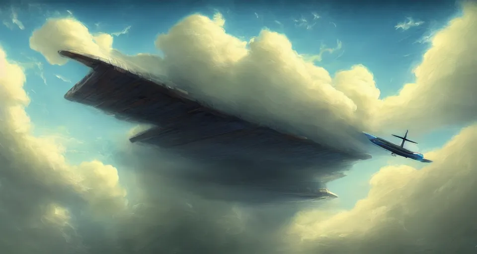 Image similar to landscape : a large wooden sleek fantasy sky - ship flying through the clouds with blue sky, andreas rocha style