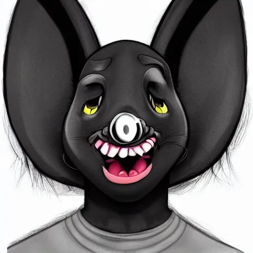 Image similar to A extremely highly detailed majestic hi-res beautiful, highly detailed head and shoulders portrait of a scary terrifying, horrifying, creepy black cartoon rabbit with scary big eyes, earing a shirt laughing, hey buddy, let's be friends, in the style of Walt Disney