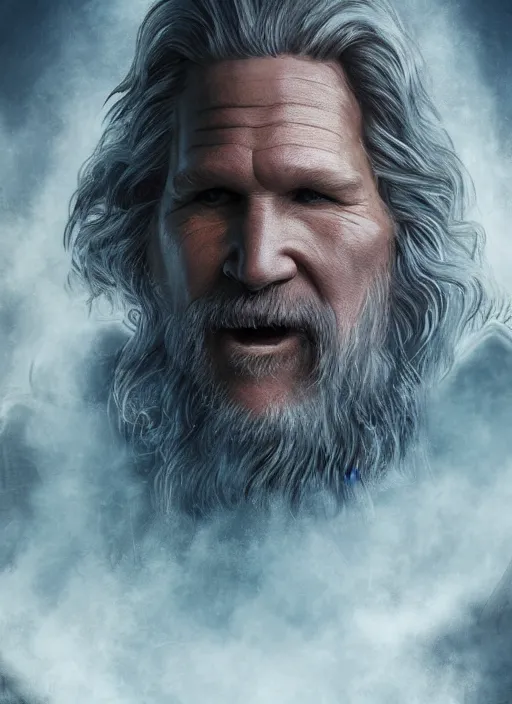 Image similar to A fantasy comic book style portrait painting of Jeff Bridges as a wizard in atmospheric dark castle setting, unreal 5, DAZ, hyperrealistic, octane render, RPG portrait, dynamic lighting