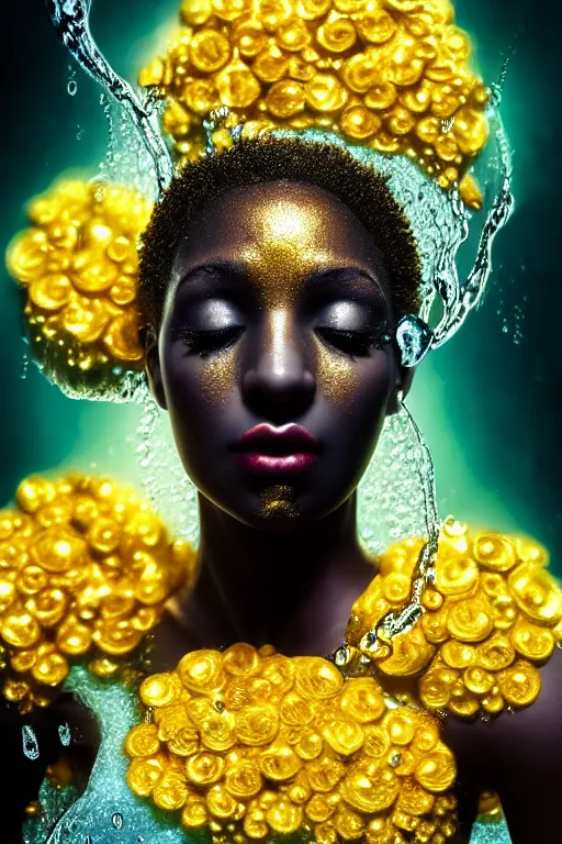 Image similar to hyperrealistic postrococo cinematic very expressive! black oshun goddess, open eyes, in water up to her shoulders, mirror dripping droplet!, gold flowers, highly detailed face, digital art masterpiece, smooth eric zener cam de leon dramatic pearlescent teal light, ground angle uhd 8 k, sharp focus