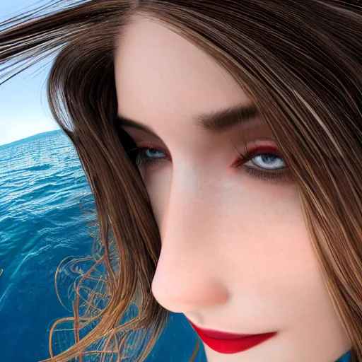 Prompt: selfie!!!!! of a woman with gorgeous hair flowing in the wind, in the middle of the ocean!!!!!, first - person view, fisheye!!!!! lens!!!!!, photorealistic image, trending on artstation, 4 k, 8 k