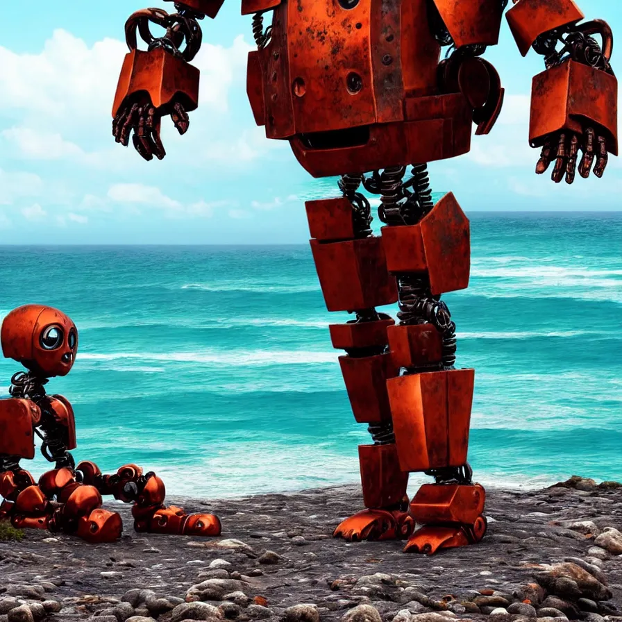 Prompt: a very large rusting humanoid robot is sitting against some rocks on a deserted beach. ocean in the background. it's nighttime and the sky is cloudy. paining, futurism, detailed, illustrated,