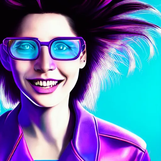 Prompt: closeup painting of a very beautiful young mexican cyberpunk woman with a smile, light blue neon shutter glasses on her face, and a purple coloured leather jacket, one side haircut, long brown hair with light blue ends, portrait, hyperdetailed, cgsociety, synthwave by tangerine dream, by jean - michel jarre, by vangelis, by john carpenter