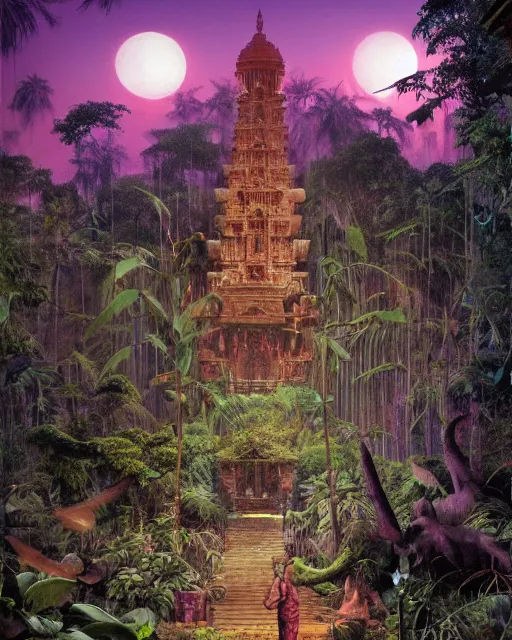 Prompt: 8 k concept art from a hindu temple lost in the jungle at dusk by david mattingly and samuel araya and michael whelan and dave mckean and richard corben. volumetric lighting. composition and layout inspired by gregory crewdson