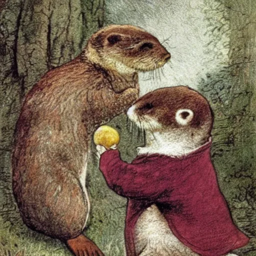 Image similar to an otter child holds a chestnut in its paws, Beatrix Potter,