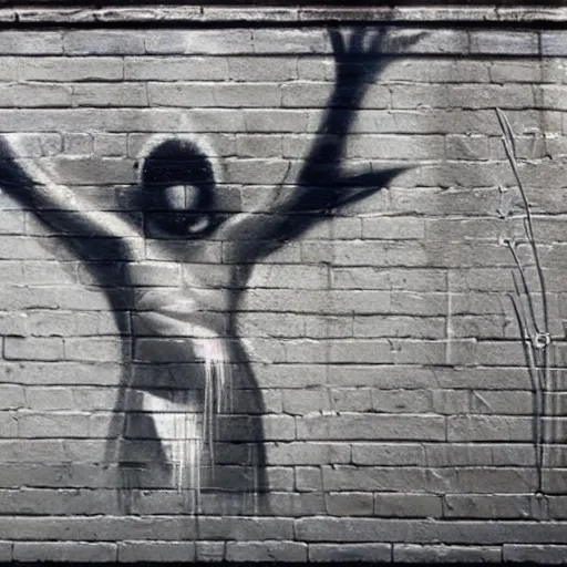 Prompt: monochromatic black graffiti spray-paint mural of blindfolded Jesus wearing a white linen blindfold, arms outstretched, rays of light emanate from his fingers, painted on a concrete wall by Minerva Teichert, Portra 400