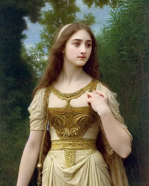 Image similar to a 16-year old girl who resembles Ana de Armas and Saoirse Ronan, dressed in ornate, detailed, intricate golden armor, detailed oil painting by William Adolphe Bouguereau and Donato Giancola