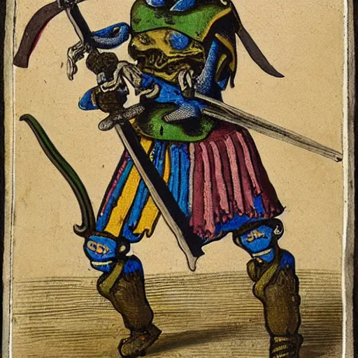 Prompt: skeleton in a colourful landsknechts uniform, wielding a sword