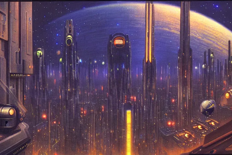 Image similar to a scifi illustration, Night City on Coruscant by edward robert hughes