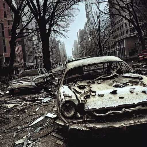 Prompt: new york abandoned, post apocalyptic, damage road