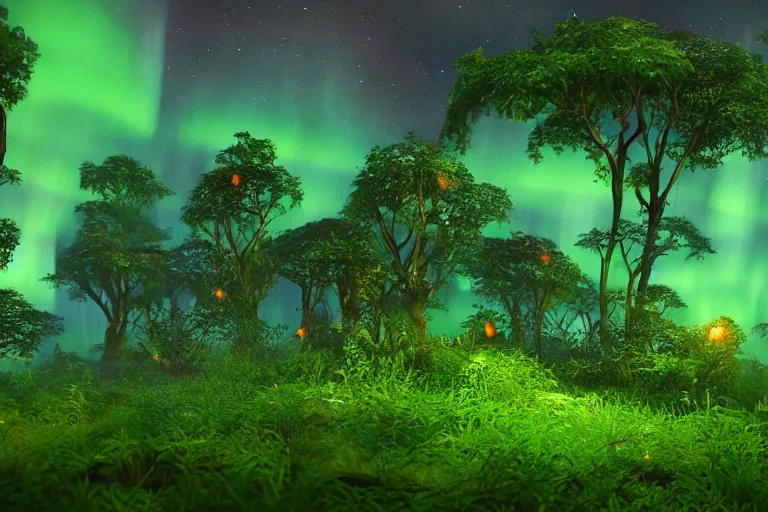 Image similar to beautifully detailed painting of a dreamy psychedelic rainforest with fireflies and fairies and an aurora borealis, and moss rendered in unreal engine 5