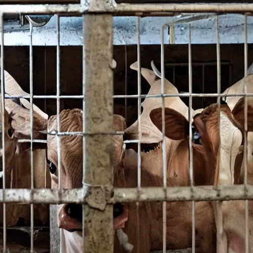 Image similar to inmates weating cow heads inside a jailcell