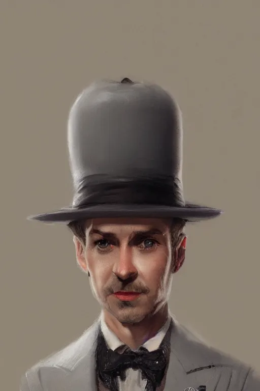 Image similar to a grey hair halfling stubble tophat and suit by Greg Rutkowski, painting, portrait, HD, high details, trending on artstation