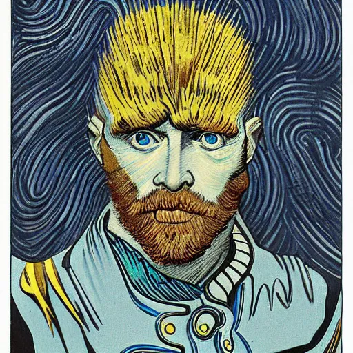 Prompt: portrait of zeus, mash - up between mc escher and vincent van gogh, marvel comics style