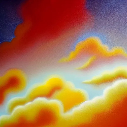 Prompt: beautiful matte airbrush of an abstract composition with defined sharp and glossy metallic elements mixed with fluffy fuzzy clouds, inspired by 8 0's airbrush illustrations, art by pater sato