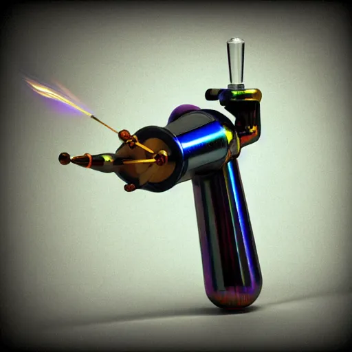 Image similar to unstable exotic matter powered raygun, well defined mechanical features, triadic chrome shading, iridescent liquid energy tank, dark background, softglow, sharp focus, full device, vintage style, charcoal and champagne