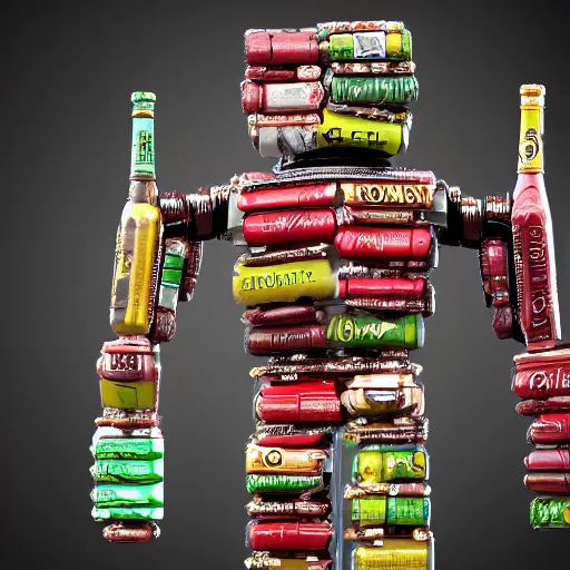 Image similar to robot made of wine bottles. High resolution. Artstation.