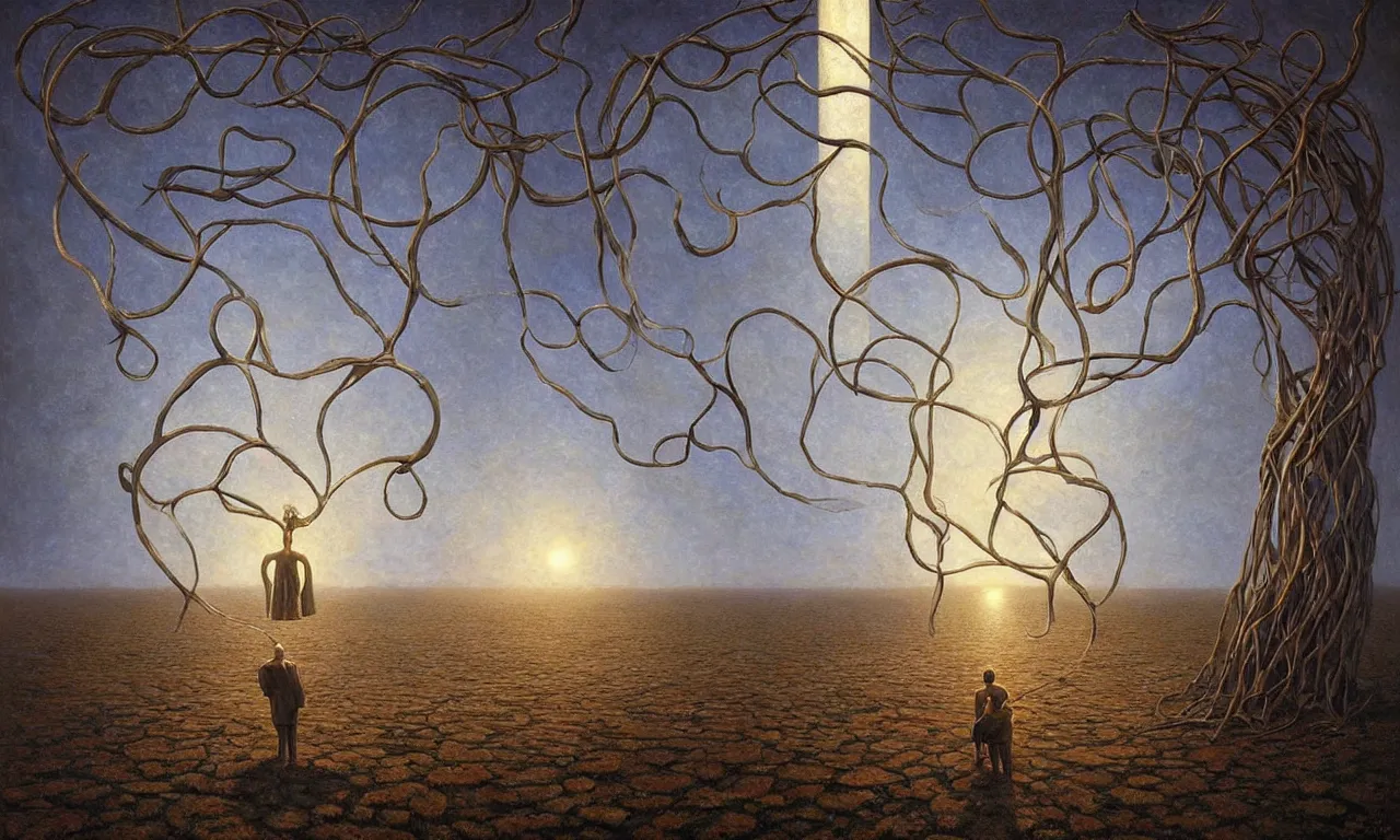 Image similar to a floating heart stringed by veins of light, art by james gurney and greg rutkowski and rene magritte, surrealism by salvador dali, very detailed, high resolution, symmetry, volumetric lighting