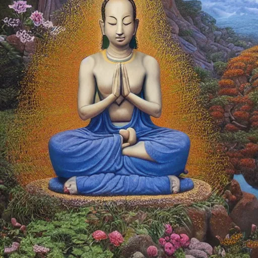 Image similar to contented peaceful biracial!!! female bodhisattva, praying meditating, in a scenic environment, by james christensen and alan bean