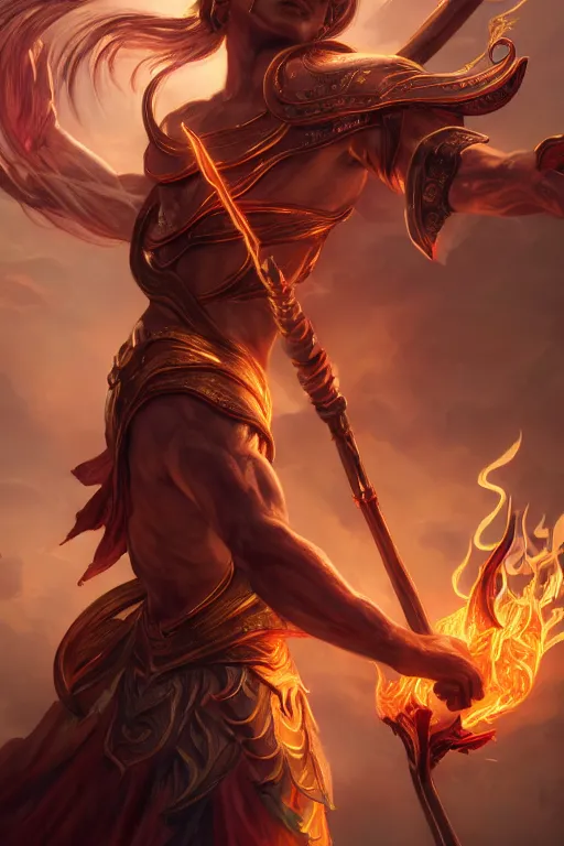 Image similar to a masterpiece portrait of nezha, legendary god holding spear, boy, flame everywhere, epic pose, fantasy character portrait, closeup shot, hyper detailed, digital painting, 8 k realistic, trending on artstation, sharp focus, dof, by fenghua zhong, artgerm, ne zha from smite, jeff easley, raymond swanland