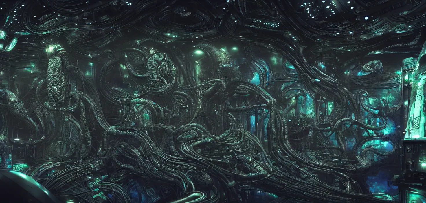 Image similar to Prometheus biological sci-fi environment set close-up hologram, ship control panel close-up, in a nightmarish universe of odd forms and somber tapestry, HR Giger and Vincent Di Fate, vivid color scheme, featured in artstation, octane render, cinematic, elegant, intricate, 8k