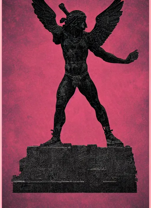 Image similar to elegant dark design poster showing a large greco roman statue of hermes, black background with very subtle red and purple design elements, bold, powerful, nekro, vito acconci, thin straight purple lines, dark, glitch art, neo vaporwave, gritty, layout frame, square, trending on artstation